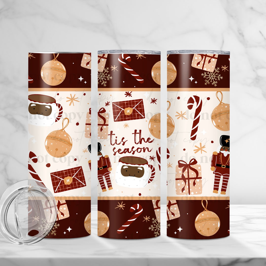 Tis the Season Seamless Darker Skin Tone UV DTF cup wrap 20oz mockup