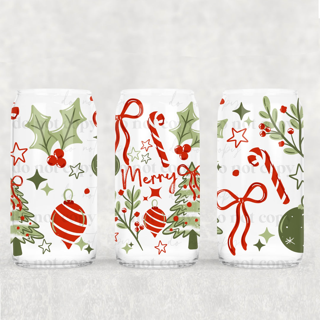 Merry Holly and Tree UV DTF cup wrap 16oz mockup