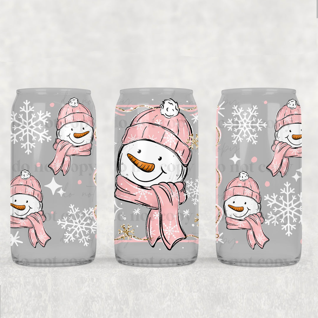 Pink Snowman UV DTF cup wrap 16oz mockup