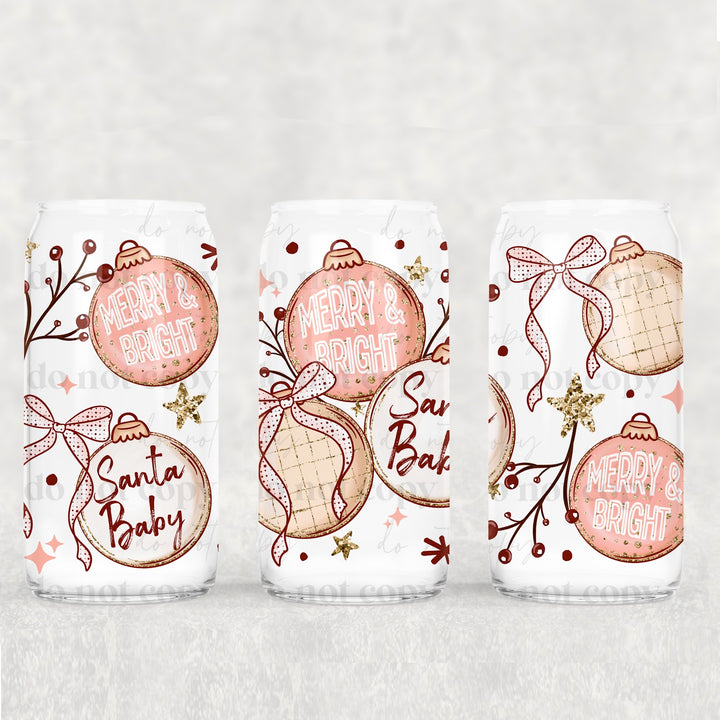 Merry & Bright Ornaments UV DTF cup wrap 16oz mockup