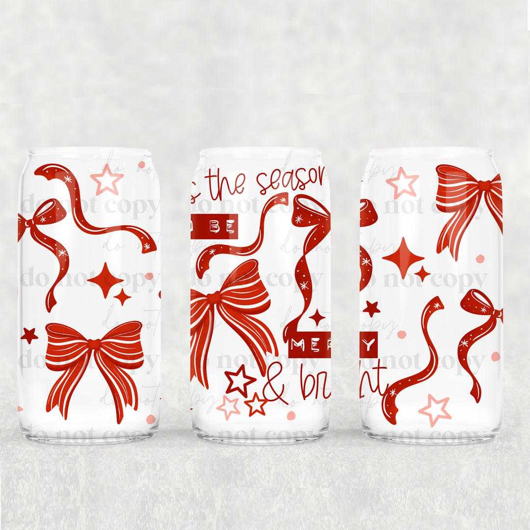 Merry and Bright Red Bows UV DTF cup wrap 16oz mockup
