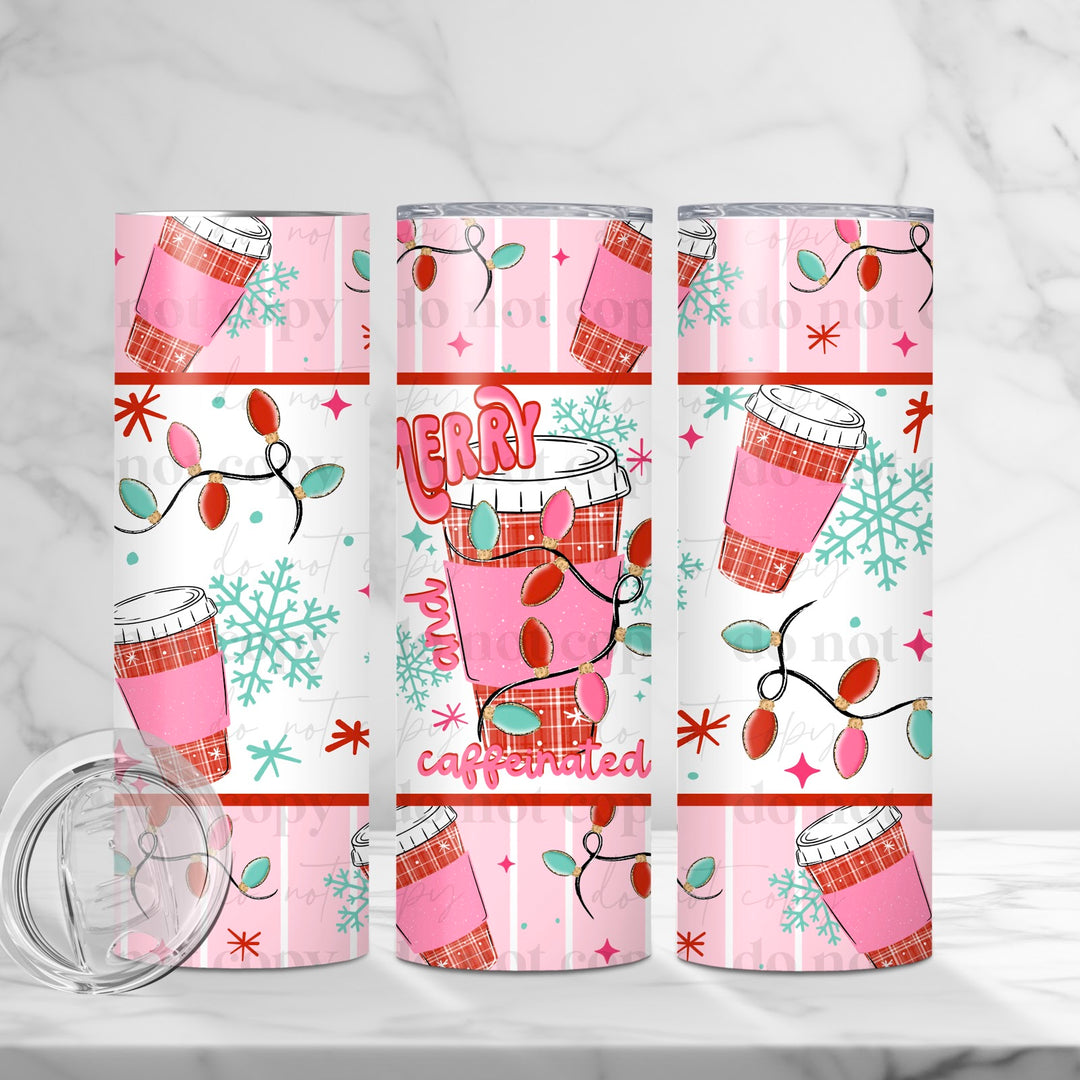 Merry and Caffeinated UV DTF cup wrap 20oz mockup