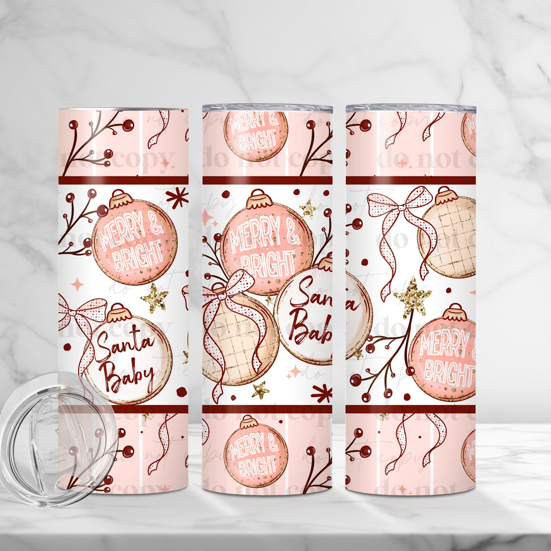 Merry & Bright Ornaments UV DTF cup wrap 20oz mockup