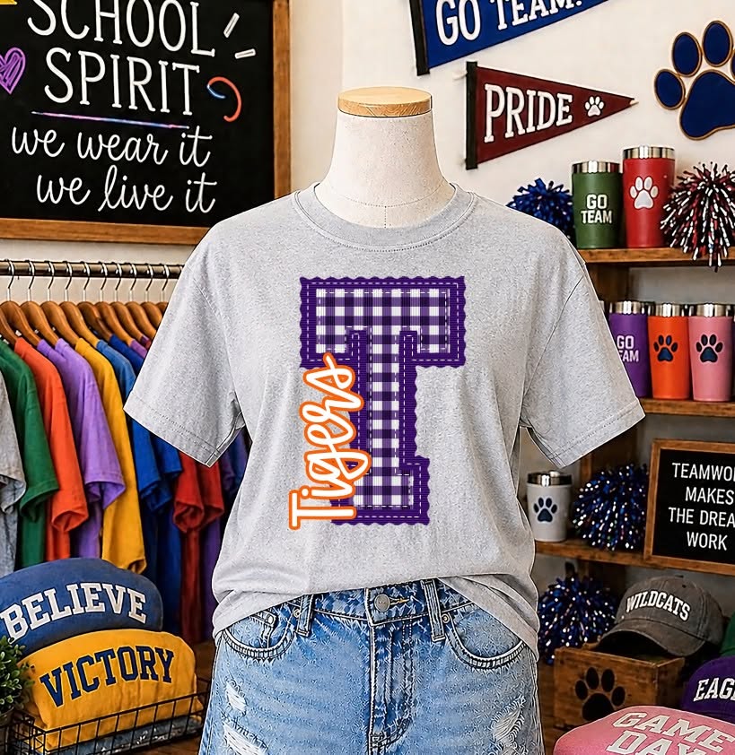 Letterman Stitch Gingham Initial custom DTF transfer design