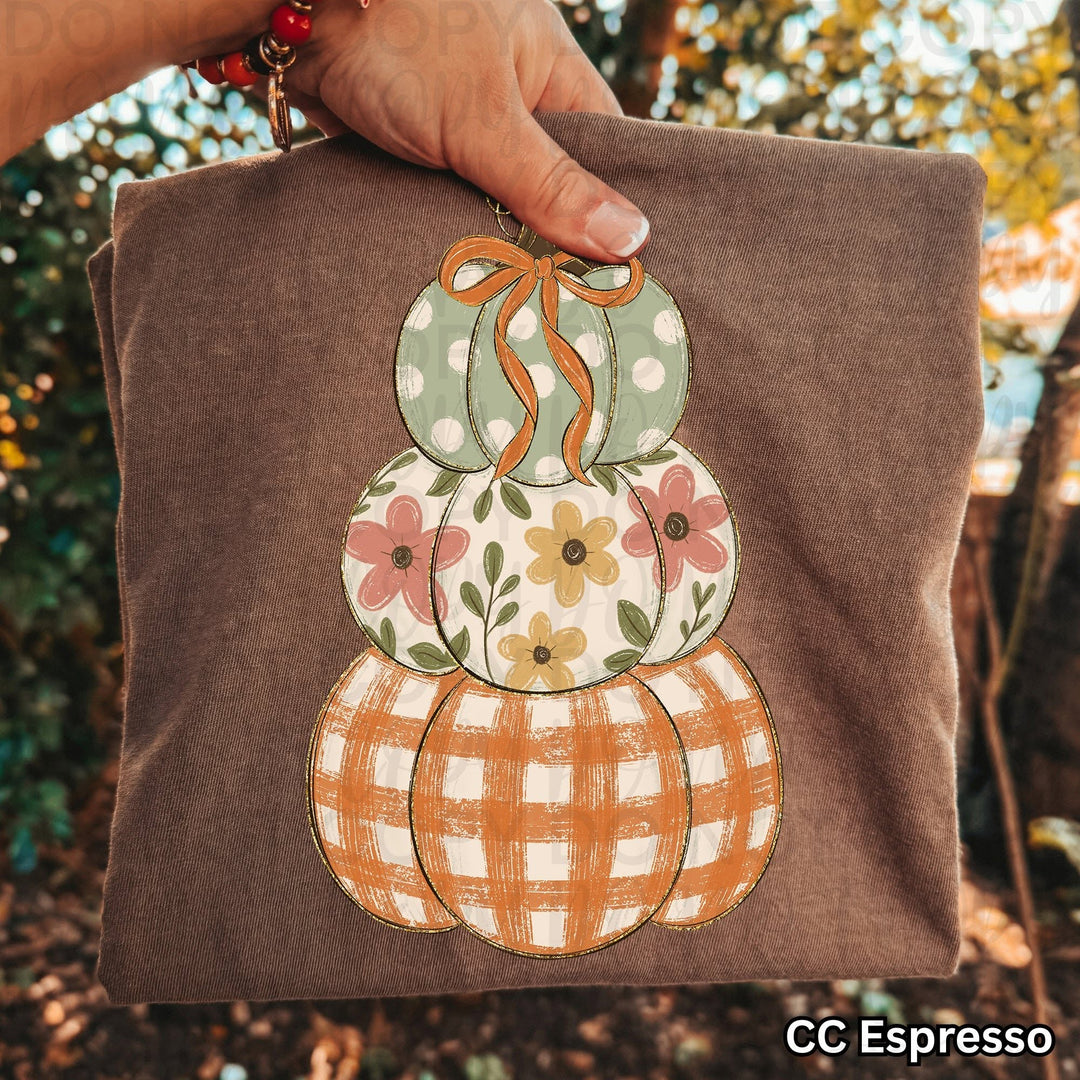Pumpkin Stack fall DTF transfer shown on apparel