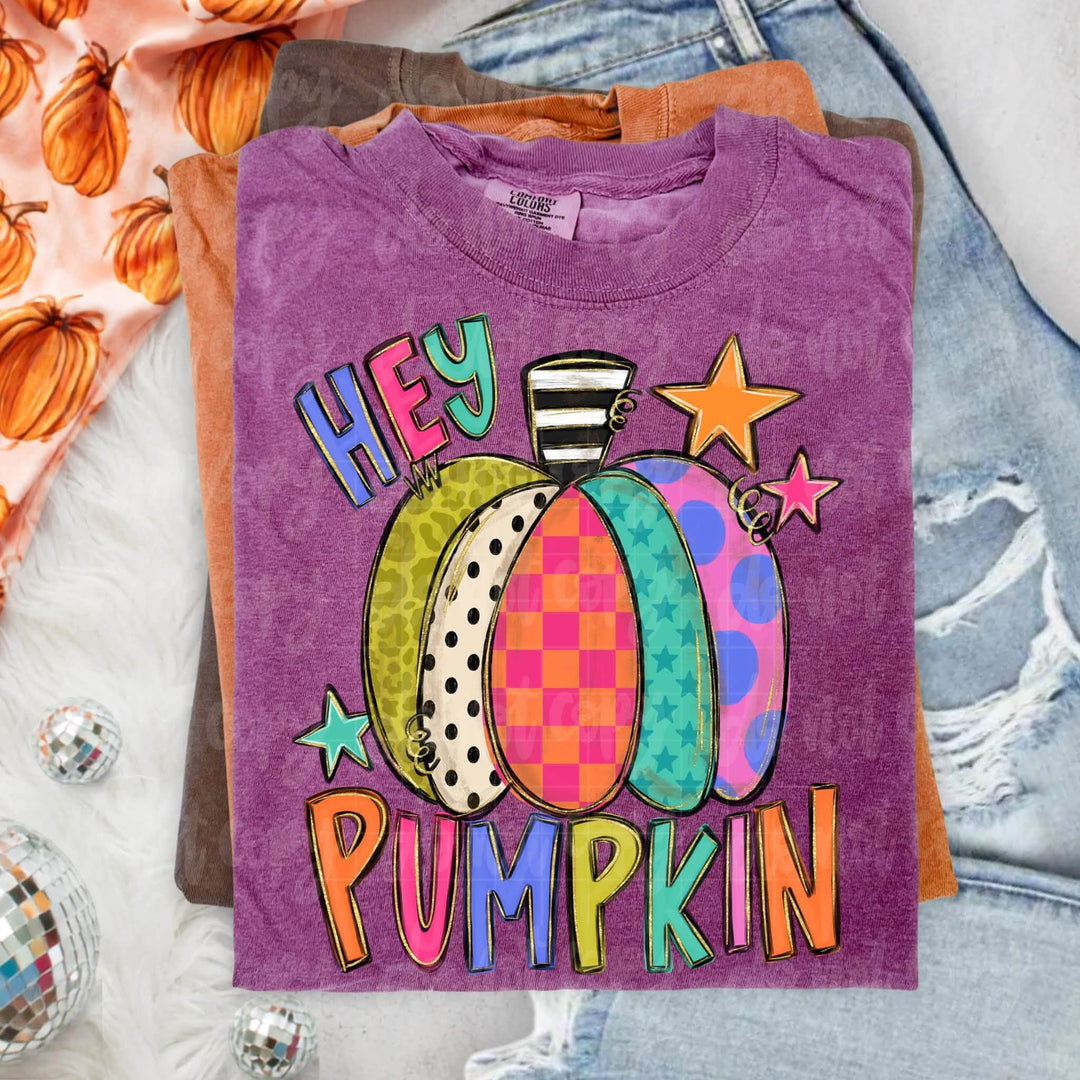 Hey Pumpkin Patterned fall DTF transfer shown on apparel