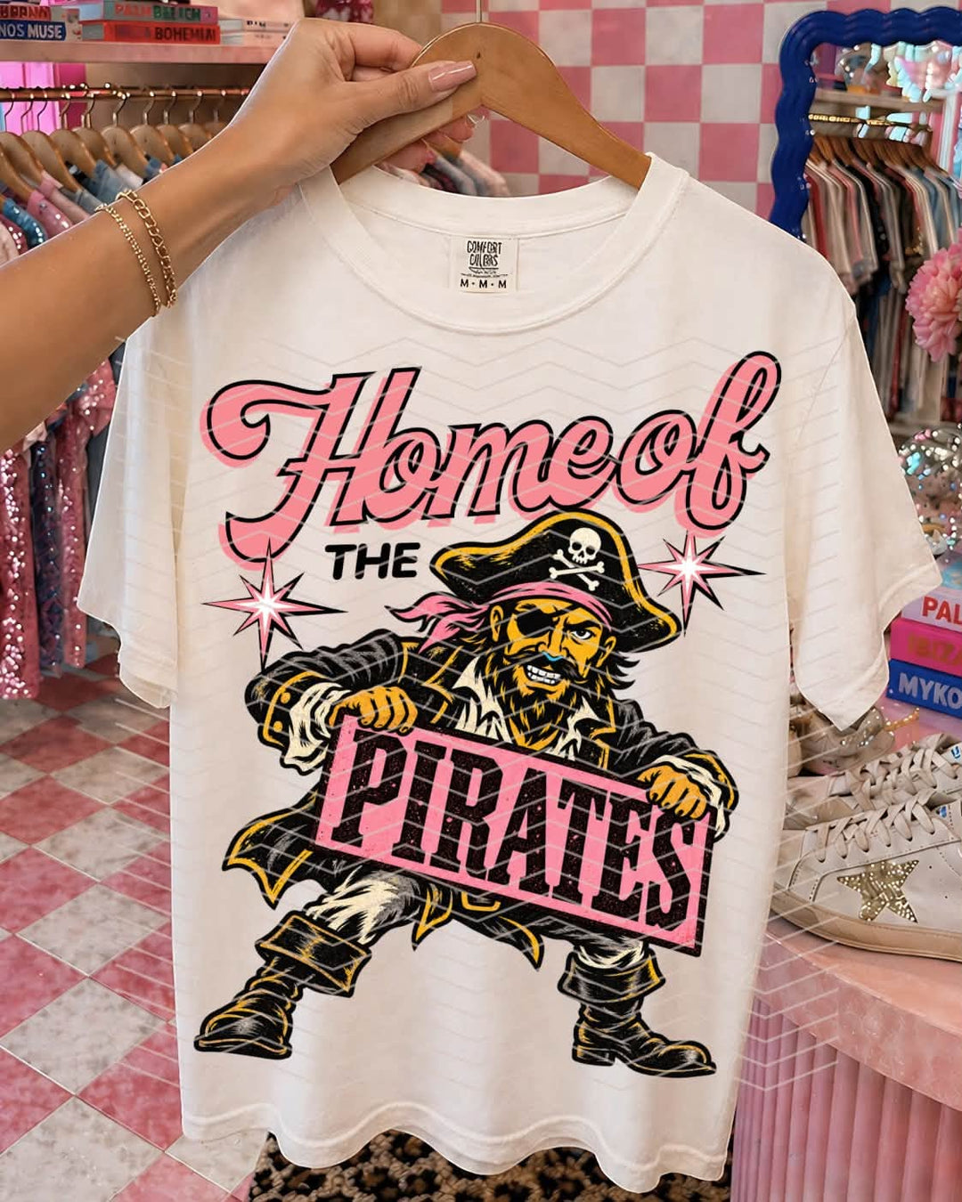 Home of the Pirates DTF transfer on a white Comfort Colors tee