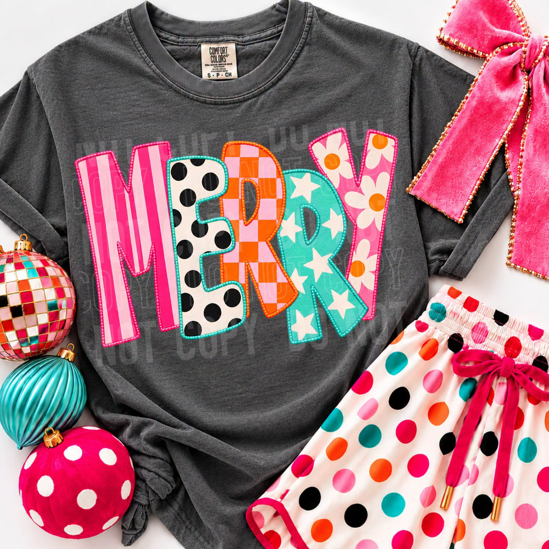 MERRY Christmas tee in Comfort Colors Pepper with bright patchwork MERRY letters