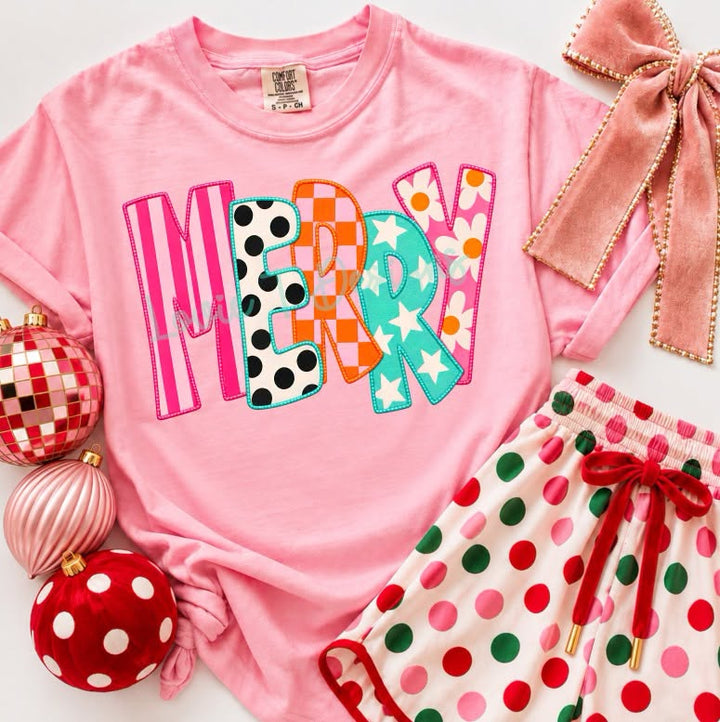 MERRY Christmas tee in Comfort Colors Pink with pink stripe, polka dot, checkered, star and daisy patchwork letters