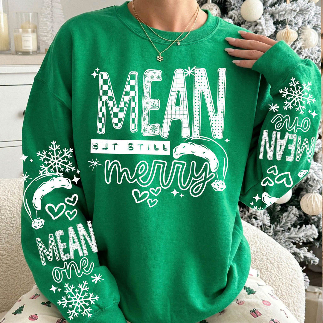 Mean But Still Merry White DTF transfer mockup with Mean One sleeve prints