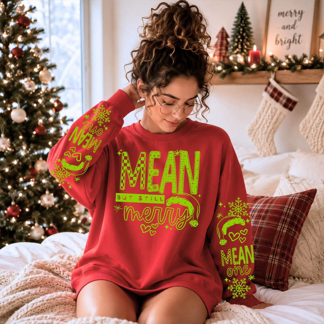Mean But Still Merry Green DTF transfer mockup with Mean One sleeve prints