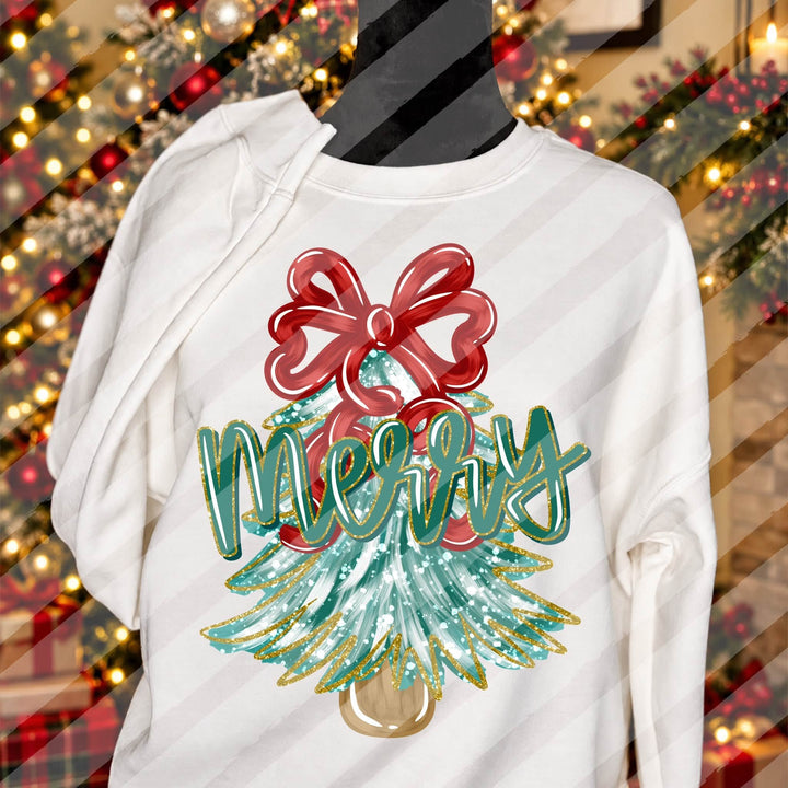 Merry Red Bow Christmas Tree DTF transfer mockup