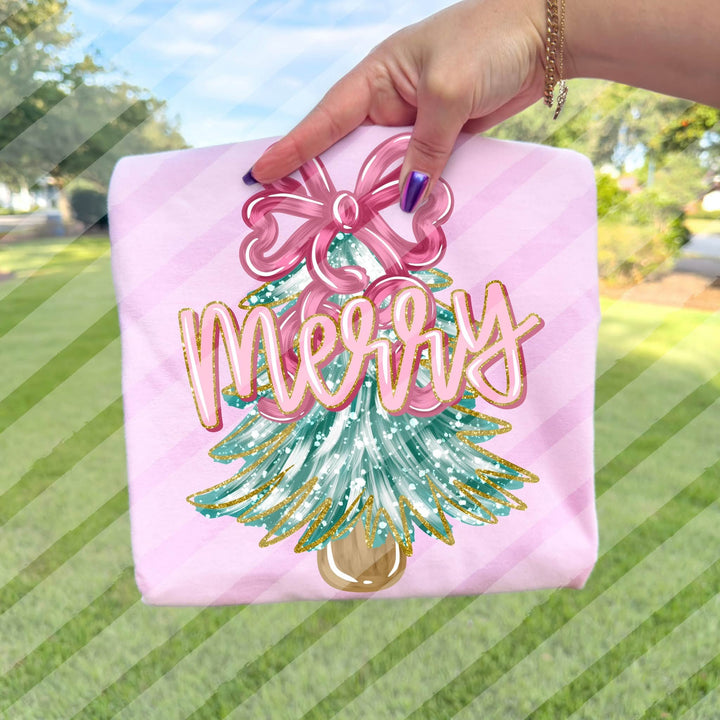 Merry Pink Bow Christmas Tree DTF transfer mockup