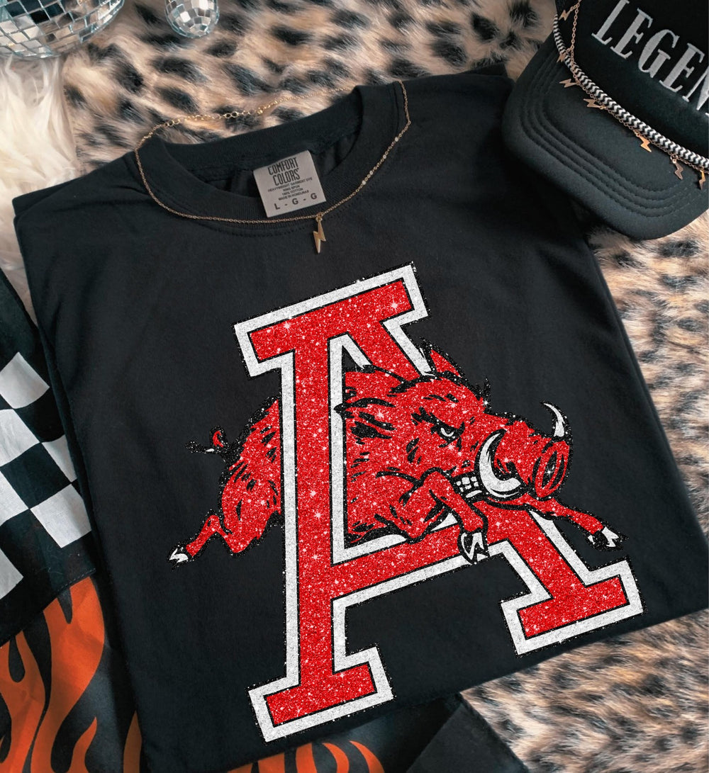 A Razorbacks Glitter Mascot Red Blk Wht DTF transfer design – image 1