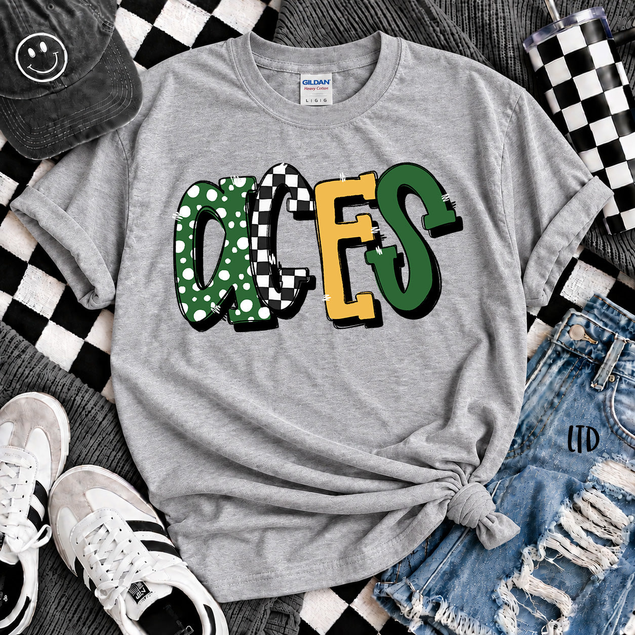 Dot Dot Check Mix Mascots Aces Kelly Green Yellow Gold design