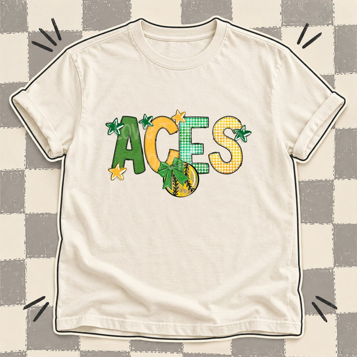 Aces Green Yellow Gold Mixed Doodle Softball Mascots – Mascot Colors DTF transfer mockup
