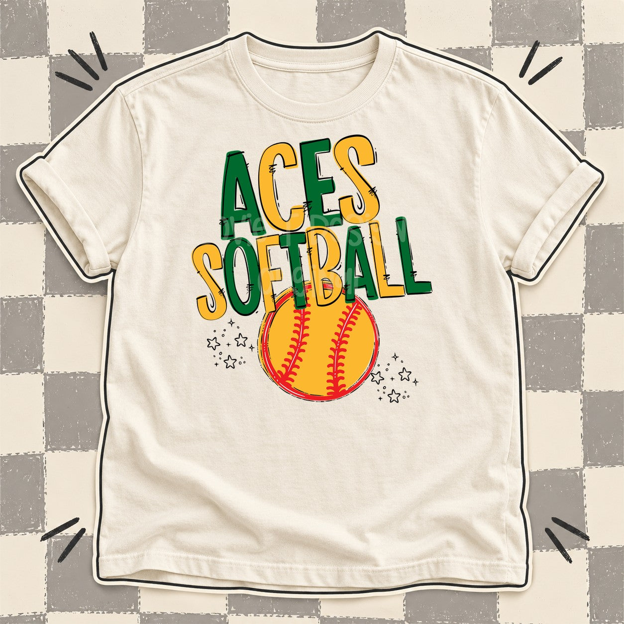 Team Go Softball Mascots Aces Kelly Green Yellow Gold design