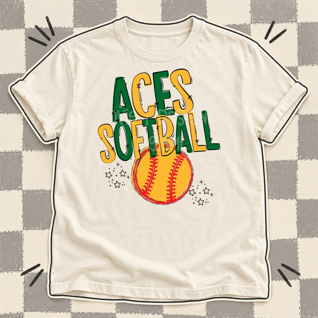 Aces Kelly Green Yellow Gold Team Go Softball Mascots DTF transfer mockup