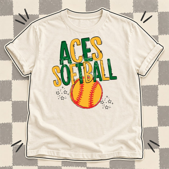 Aces Kelly Green Yellow Gold Team Go Softball Mascots DTF transfer mockup