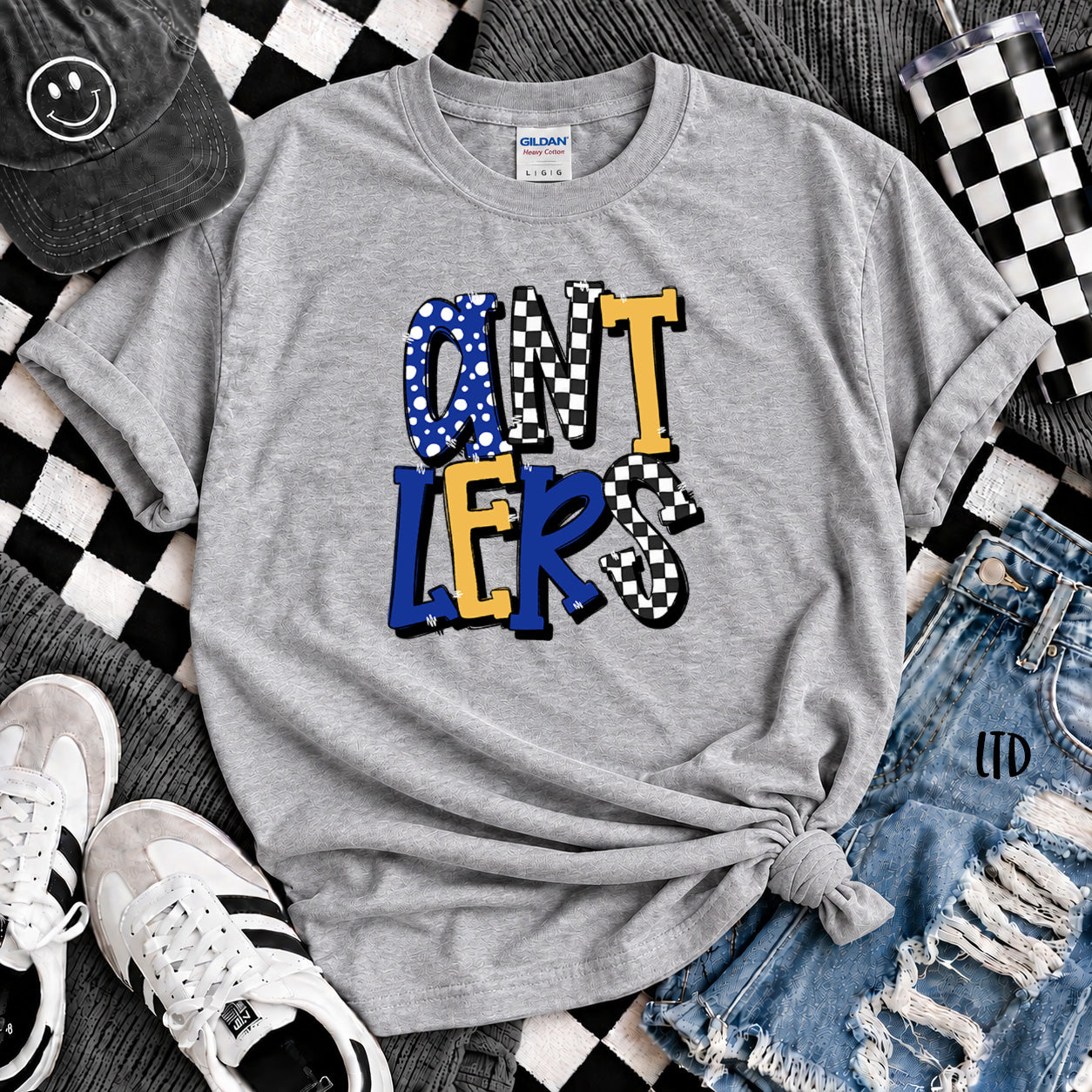 Dot Dot Check Mix Mascots Antlers Royal Blue Yellow Gold design