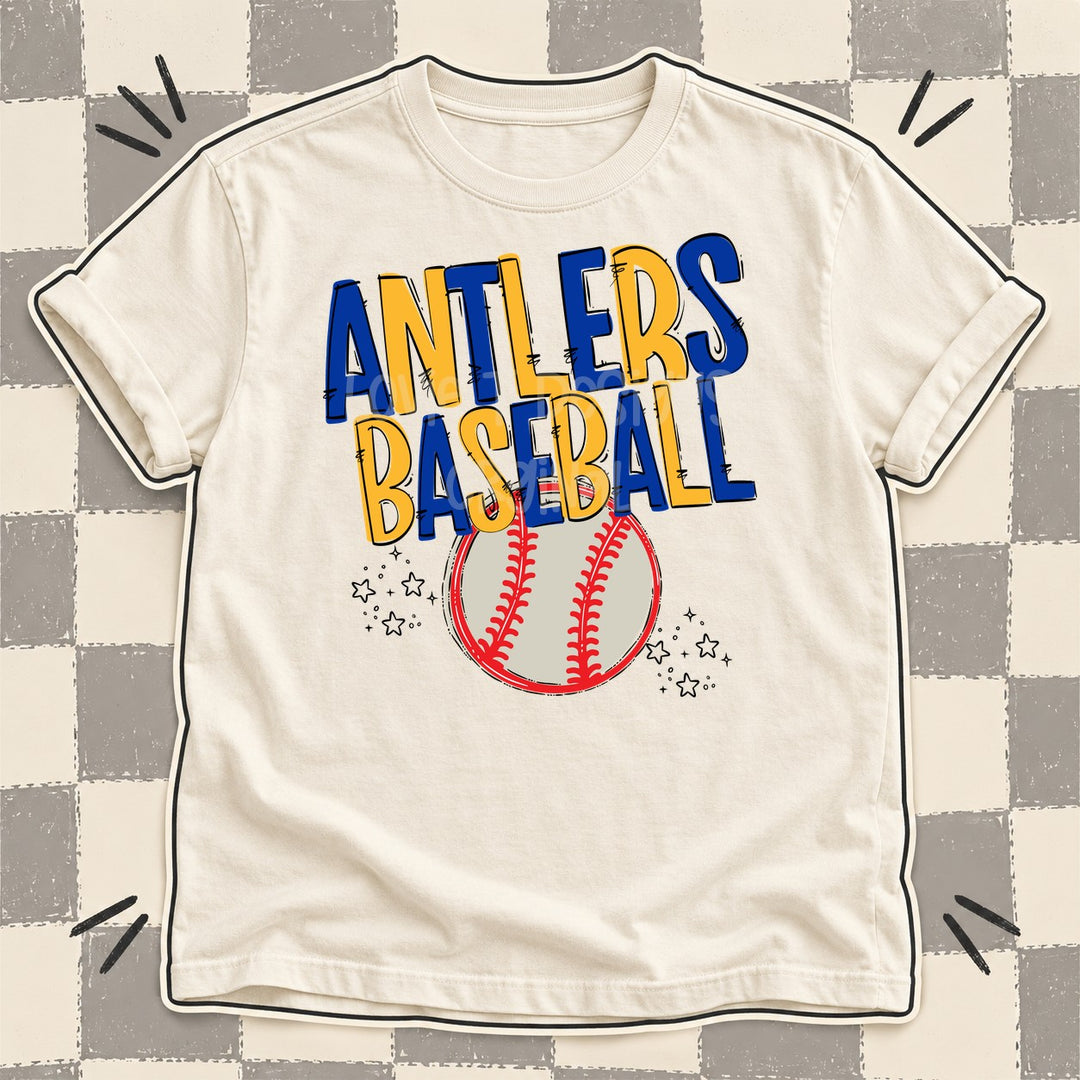 Antlers Royal Blue Yellow Gold Team Go Baseball Mascots DTF transfer mockup