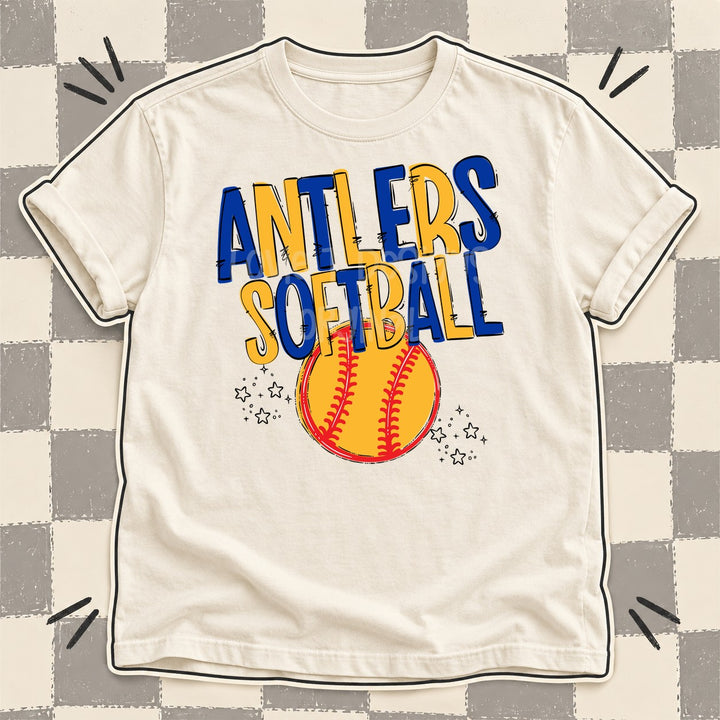 Antlers Royal Blue Yellow Gold Team Go Softball Mascots DTF transfer mockup