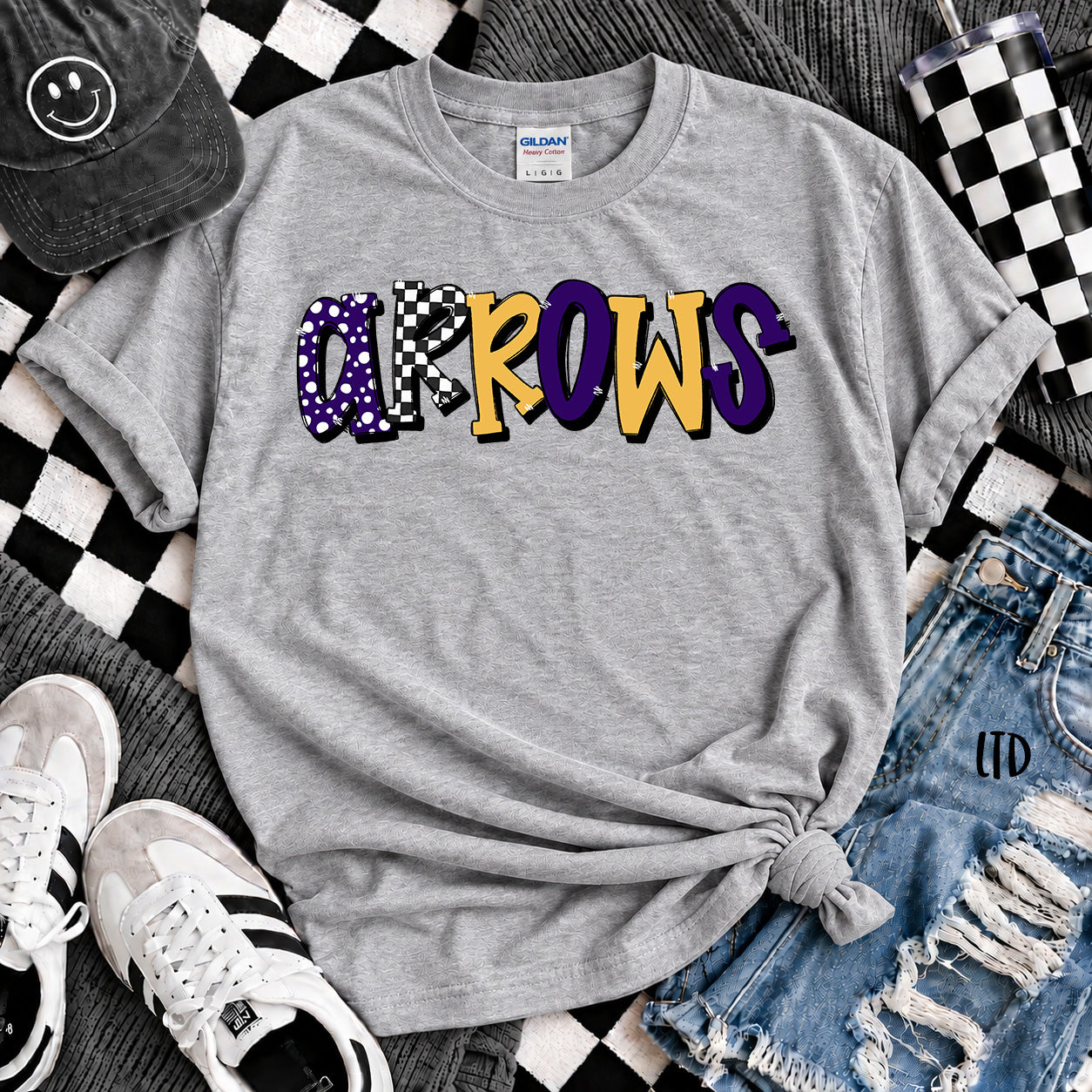 Dot Dot Check Mix Mascots Arrows Purple Yellow Gold design