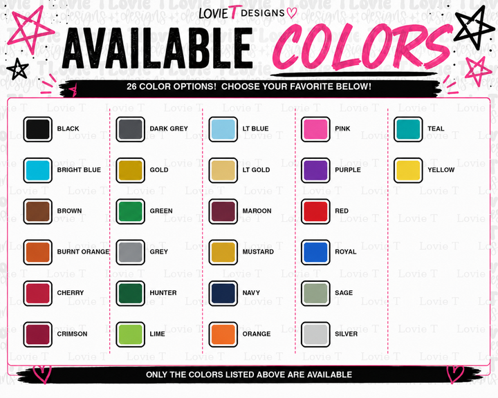 Available colors chart for Lets Go Cheer DTF transfer