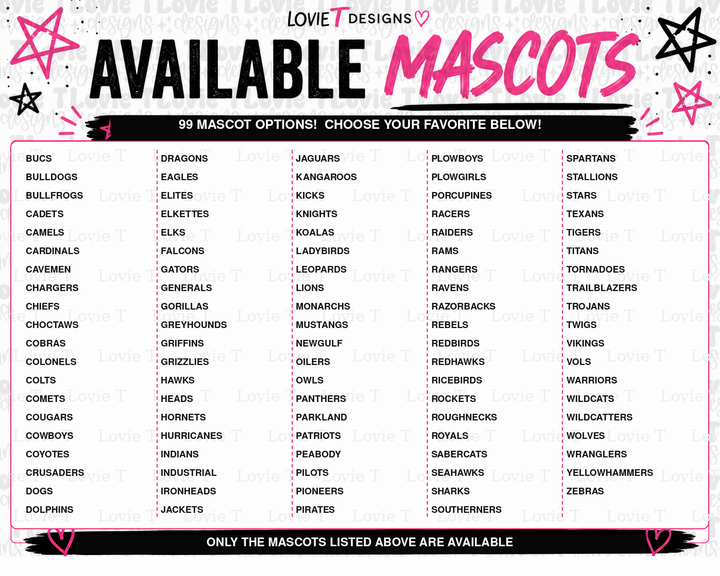 Available mascot names chart for Lets Go Cheer DTF transfer