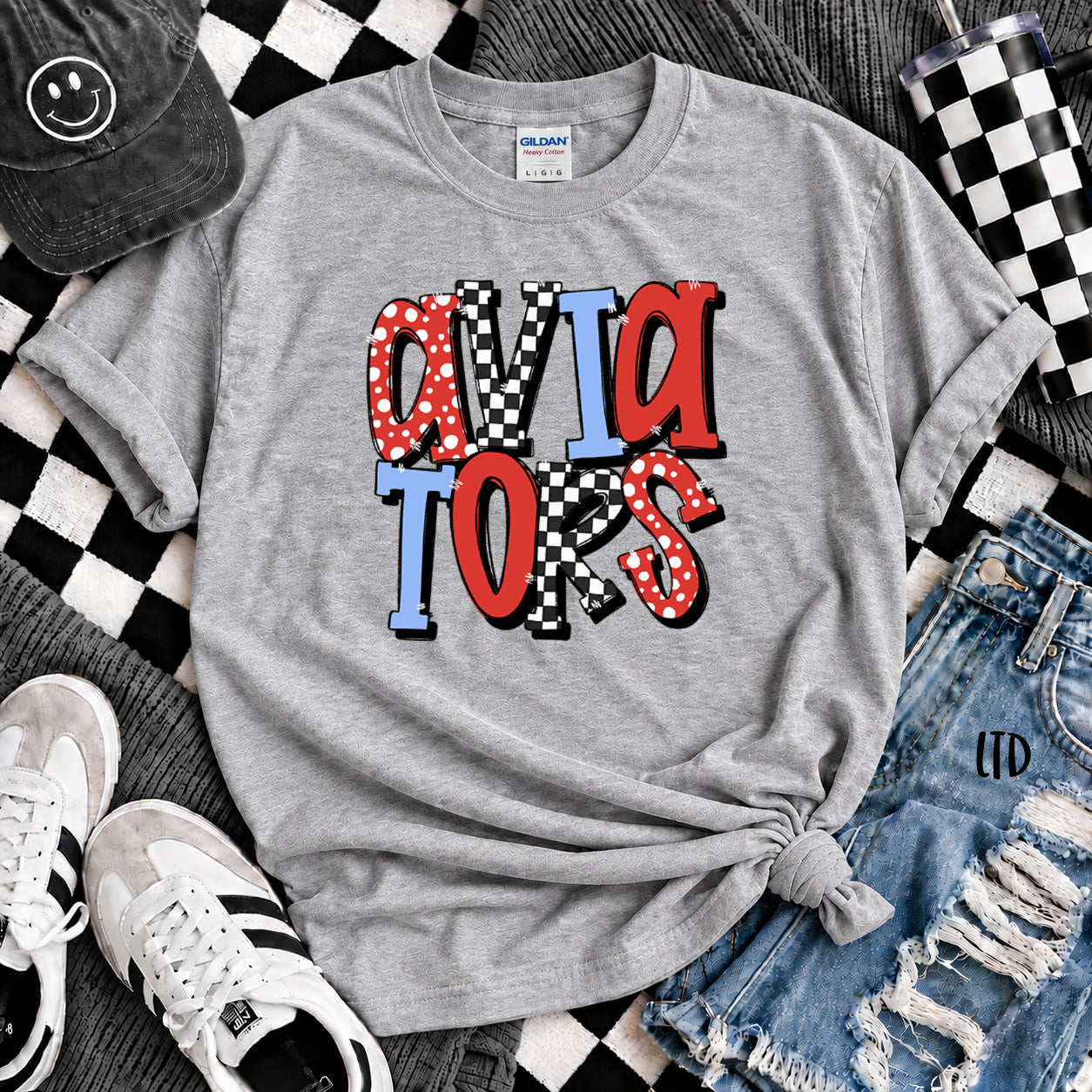 Dot Dot Check Mix Mascots Aviators Red Columbia Blue design