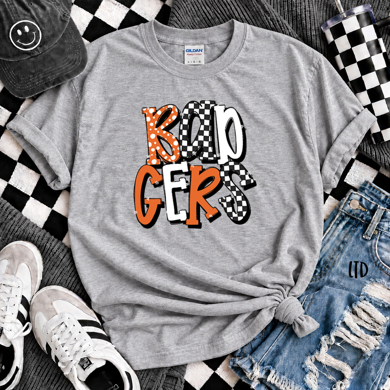 Dot Dot Check Mix Mascots Badgers Orange White Black design
