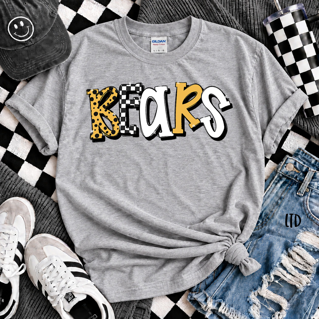 Dot Dot Check Mix Mascots Bears Black Yellow Gold White design
