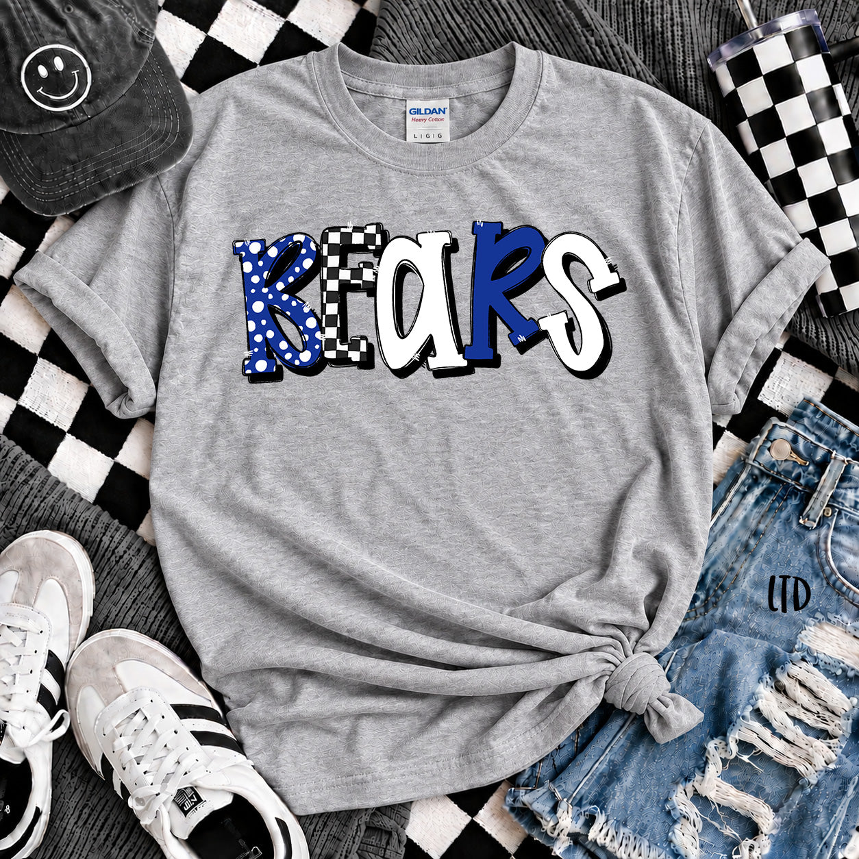 Dot Dot Check Mix Mascots Bears Royal Blue Black White design