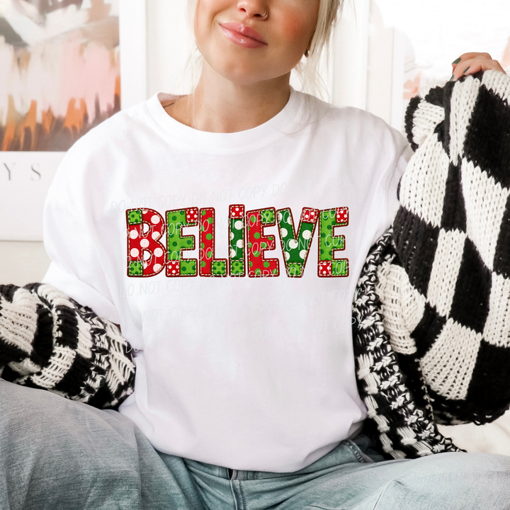 Believe Dots Christmas DTF transfer shown on apparel