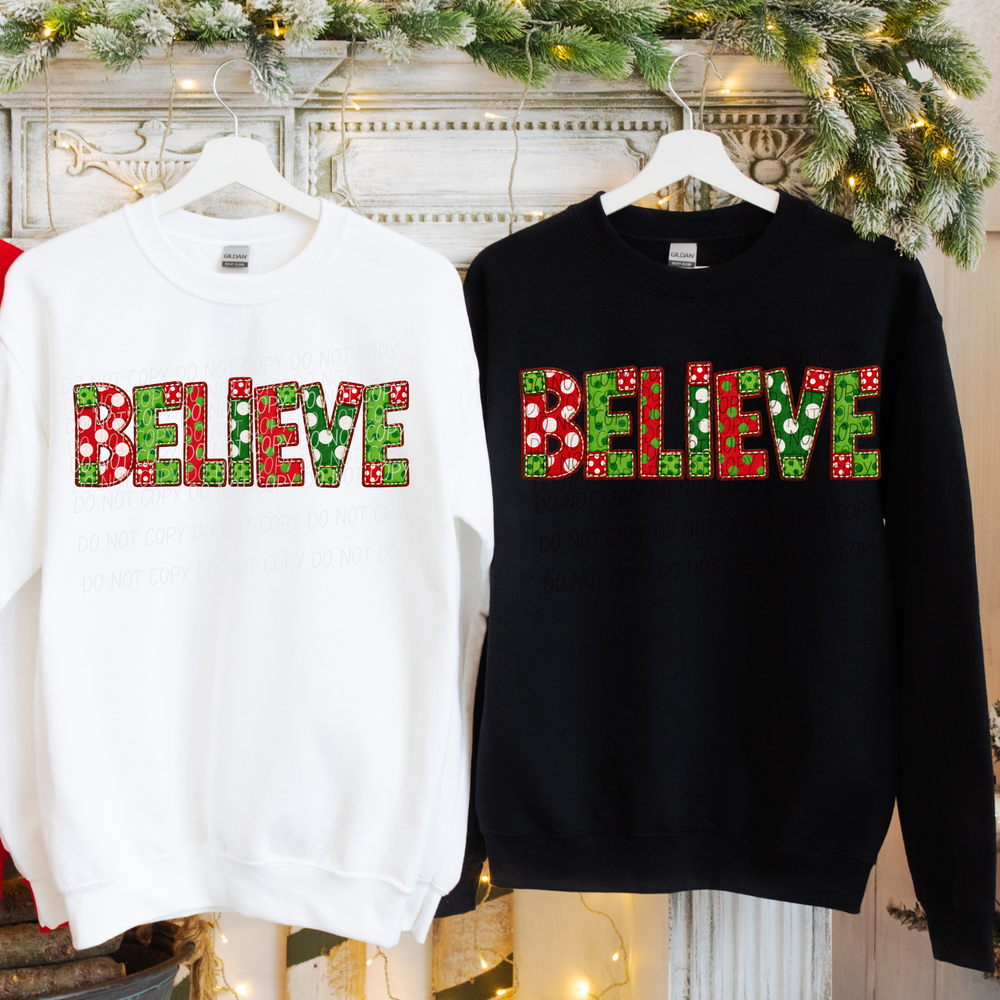 Believe Dots Christmas DTF transfer shown on apparel