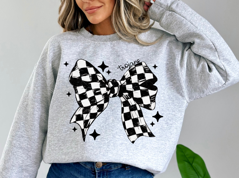 Black and White Checker Bow with Stars Trojans DTF transfer design – image 1