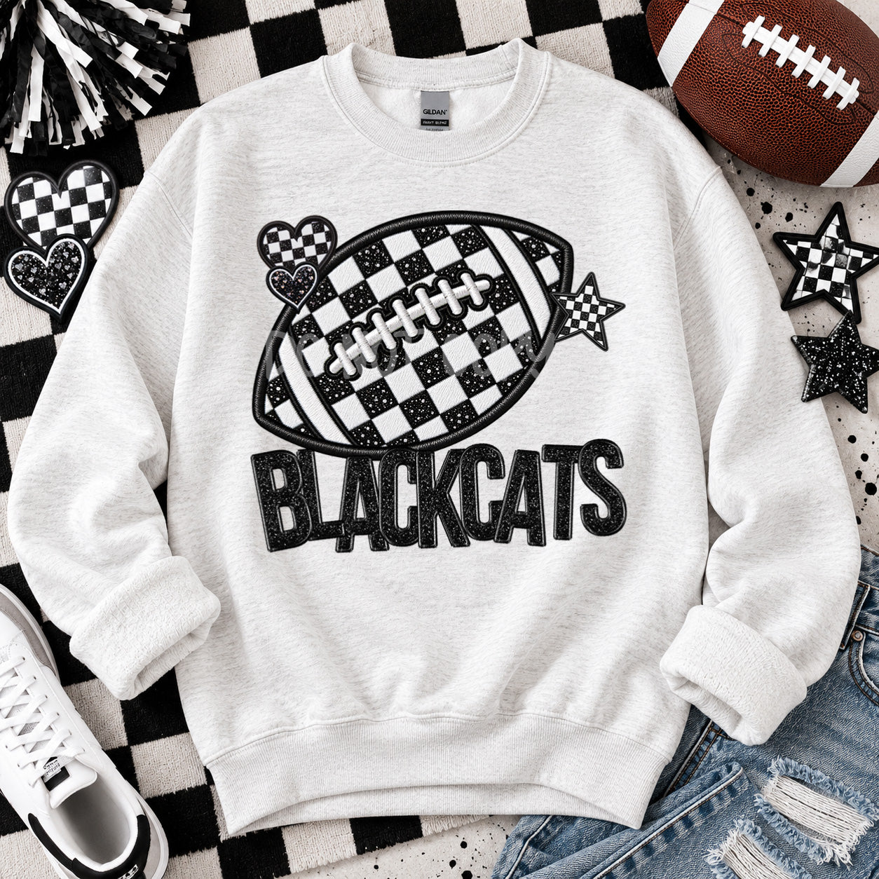 Checkered Football Faux Embroidery Mascots BLACKCATS design