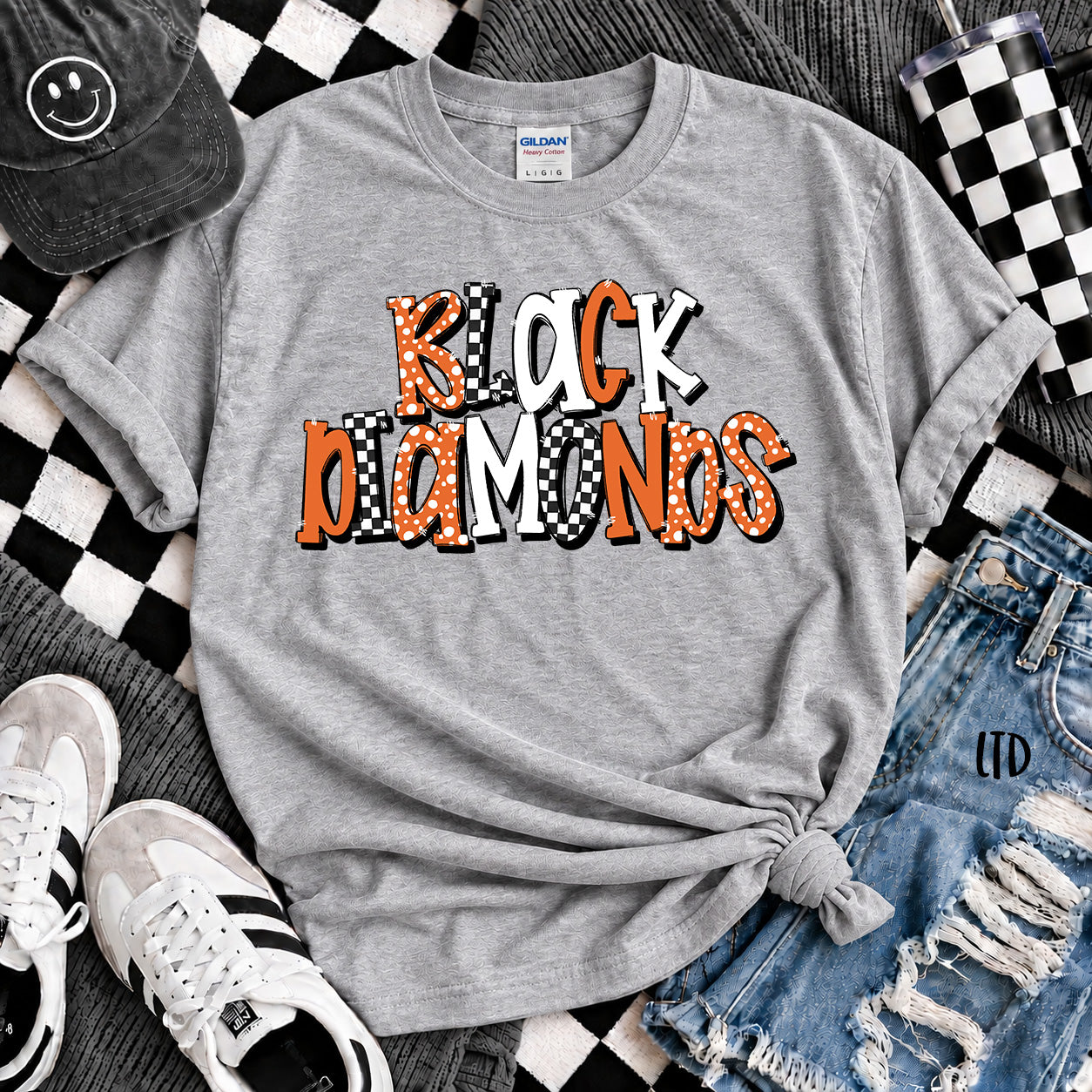 Dot Dot Check Mix Mascots Black Diamonds Orange Black design