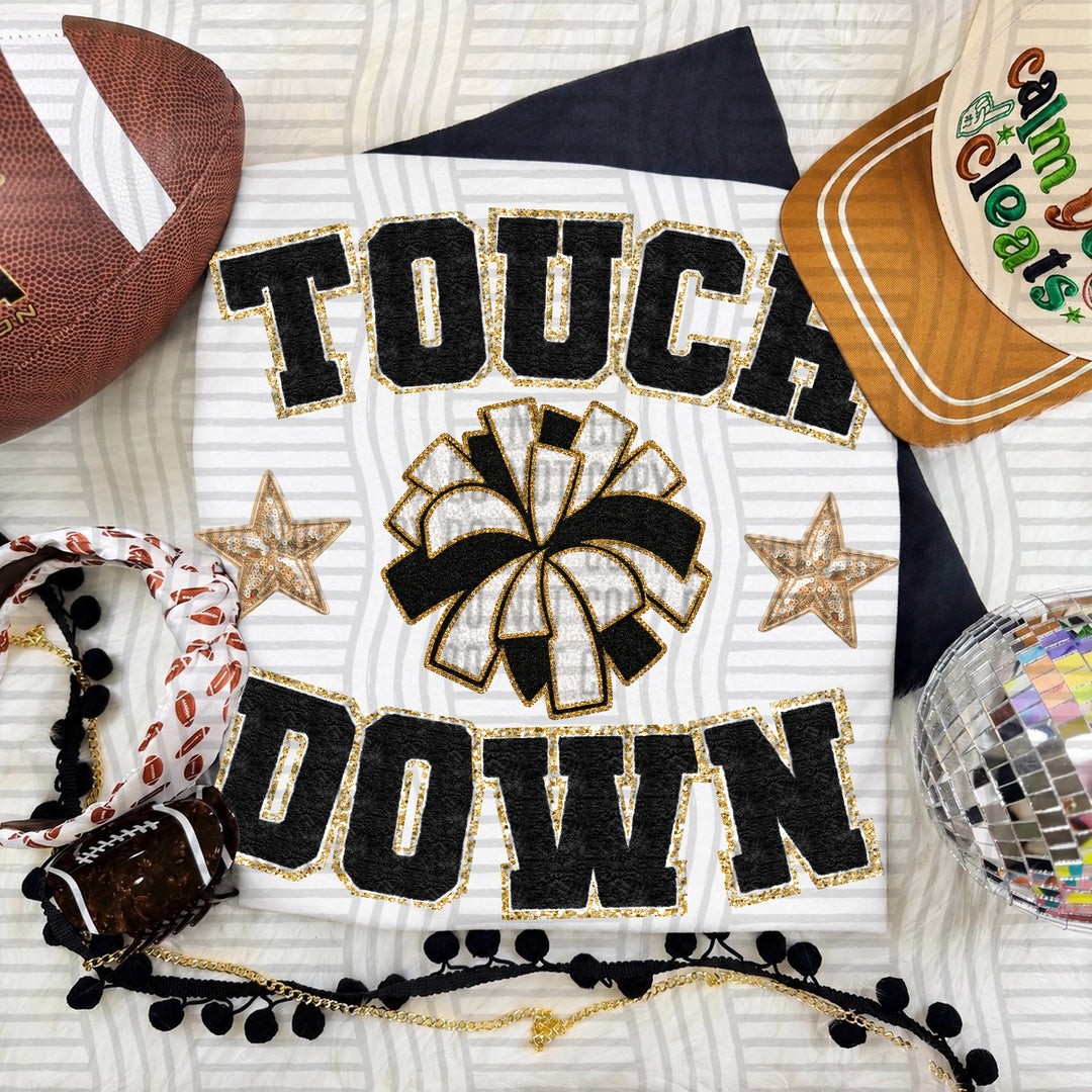 Black Touchdown Faux Chenille Cheer DTF transfer