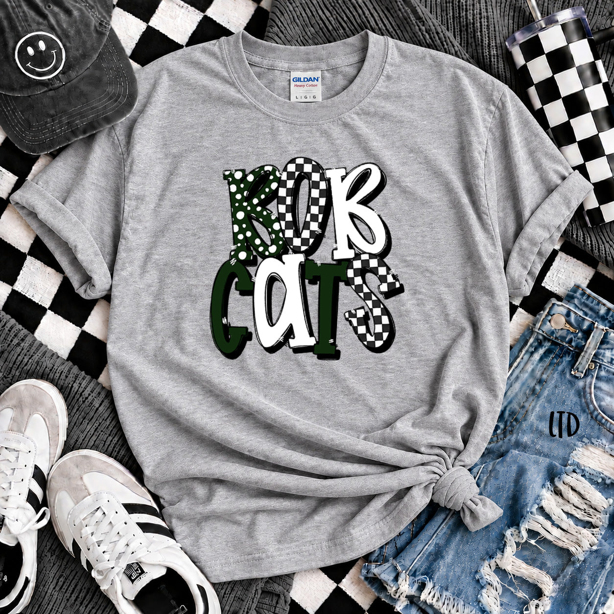 Dot Dot Check Mix Mascots Bobcats Dark Green White design