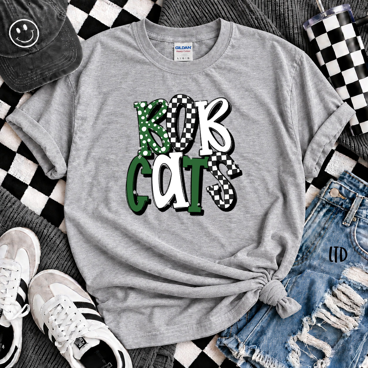 Dot Dot Check Mix Mascots Bobcats Kelly Green Black White design