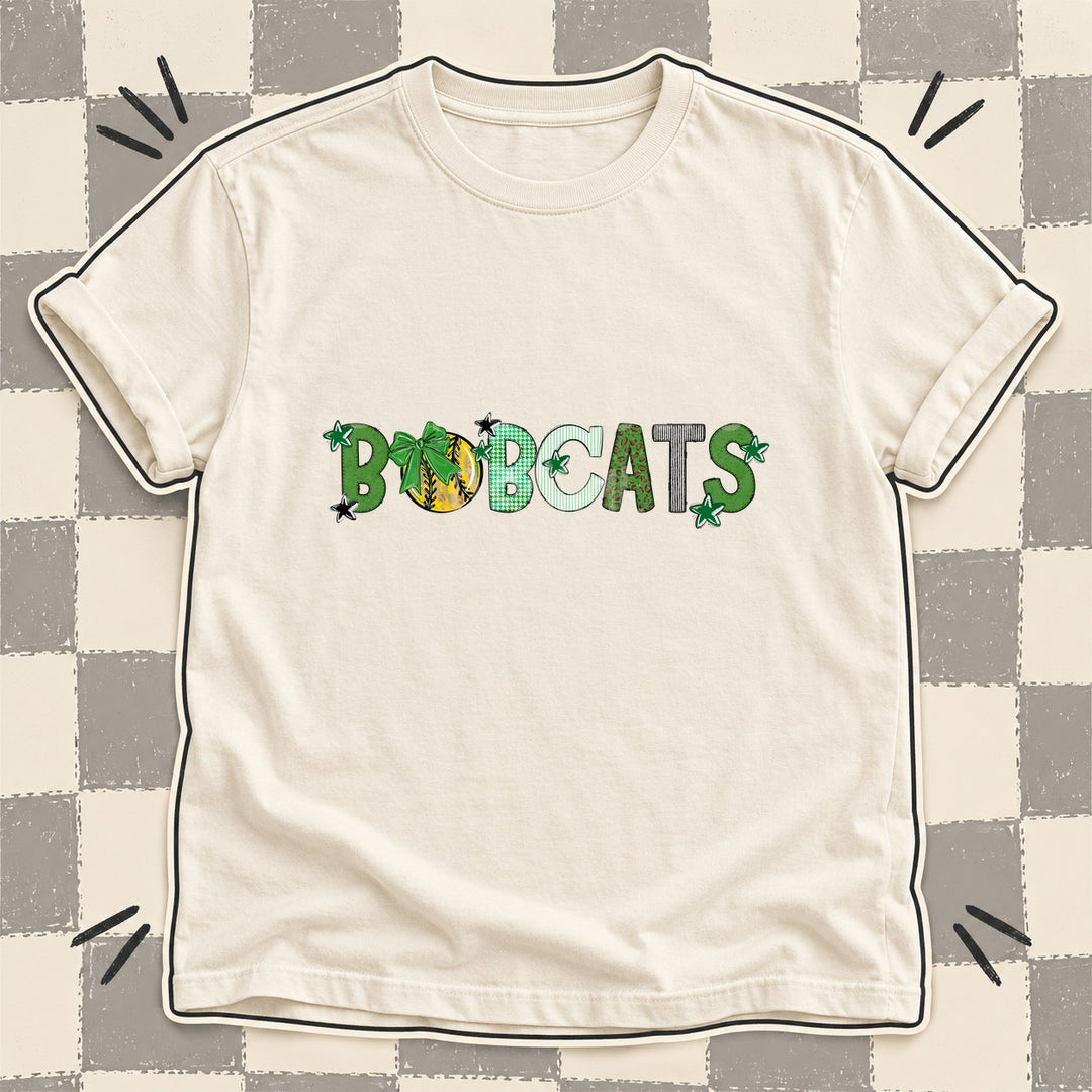 Bobcats Green Black White Mixed Doodle Softball Mascots – Mascot Colors DTF transfer mockup