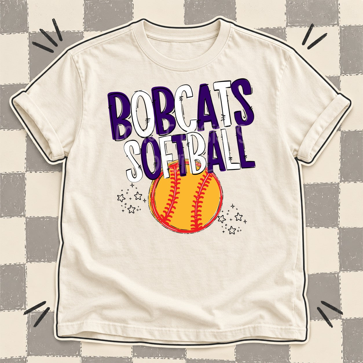 Team Go Softball Mascots Bobcats Purple White design