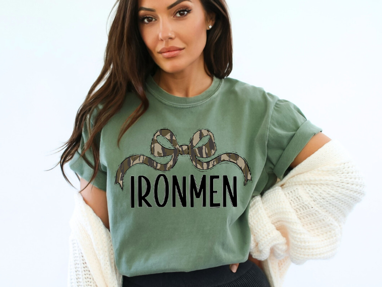 Bottomland Ironmen Wide Bow Black Font DTF transfer design – image 1