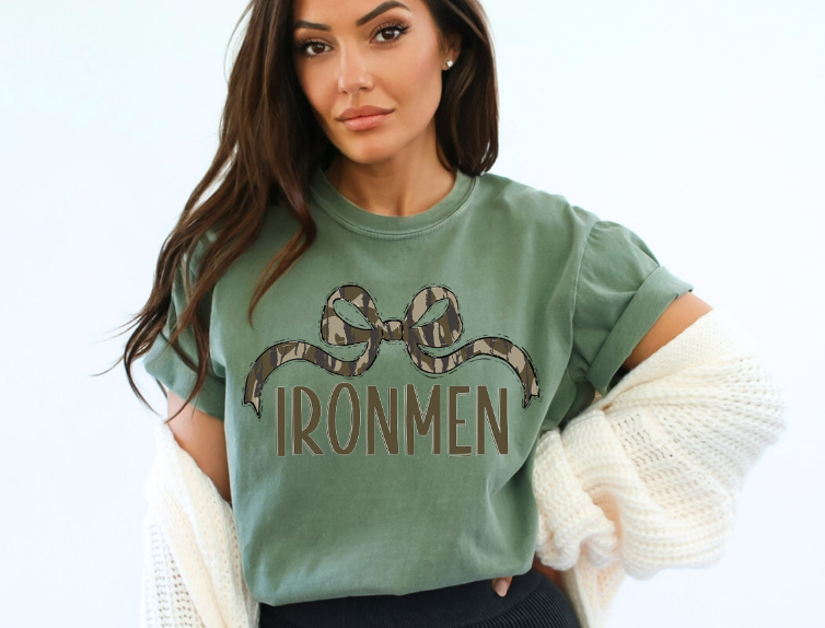 Bottomland Ironmen Wide Bow Green Font DTF transfer design – image 1