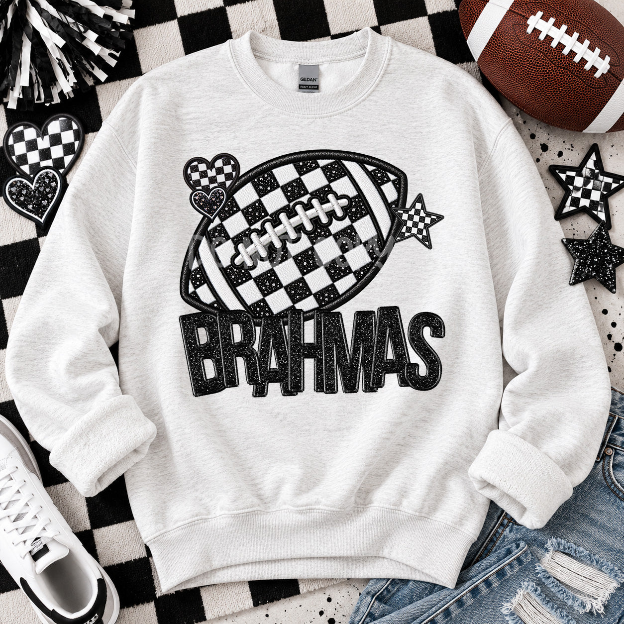 Checkered Football Faux Embroidery Mascots BRAHMAS design