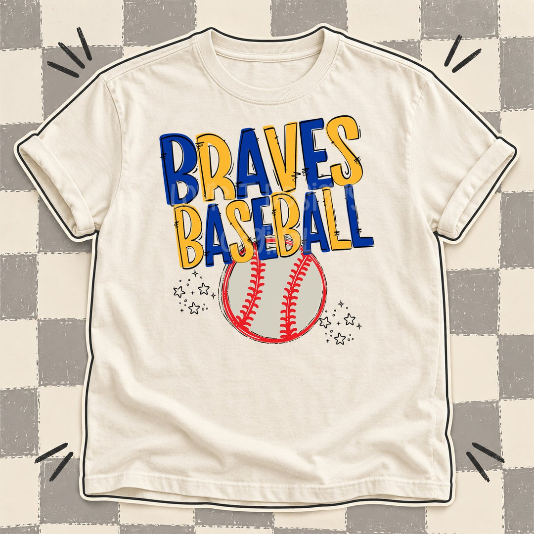 Braves Royal Blue Yellow Gold Team Go Baseball Mascots DTF transfer mockup