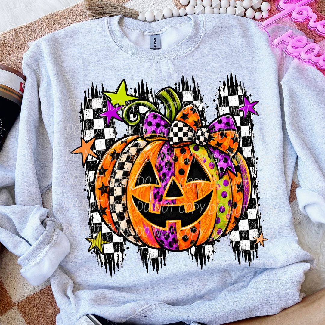 Bright Pumpkin Halloween DTF transfer shown on apparel