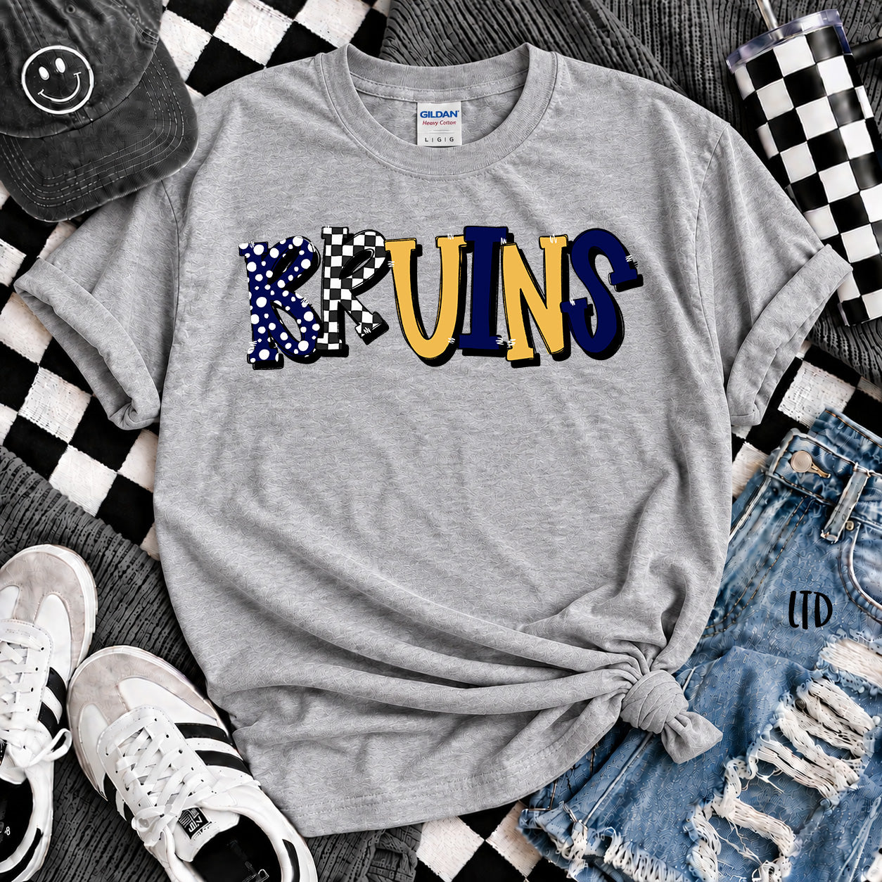 Dot Dot Check Mix Mascots Bruins Navy Yellow Gold White design