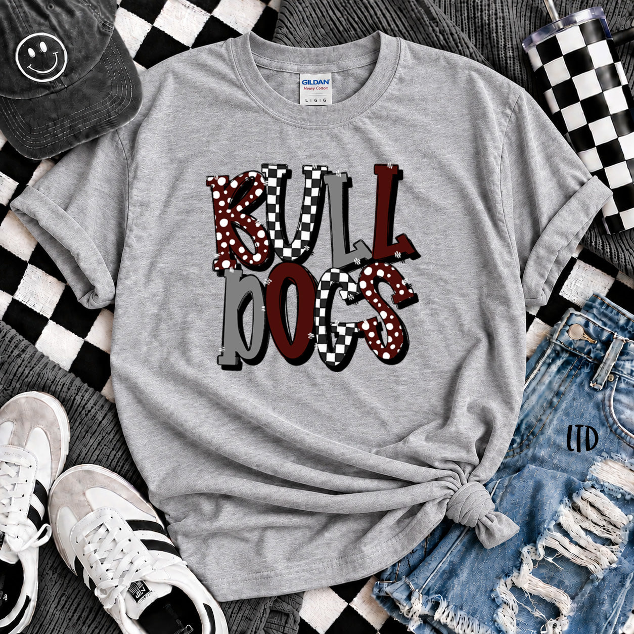 Dot Dot Check Mix Mascots Bulldogs Maroon Gray White design